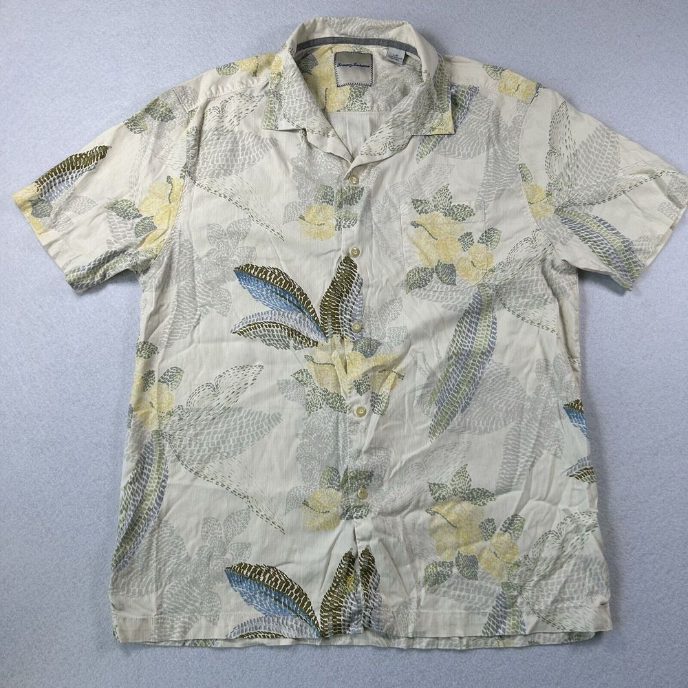 Tommy Bahama Shirt Mens Large Yellow Hawaiian Floral 100% Silk Tropical Summer - Picture 2 of 8